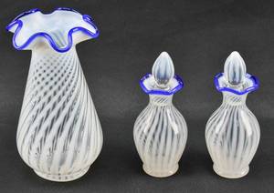 lot 166 image: Fenton Glass Blue Ridge Opalescent Spiral Vase and Perfume Bottles