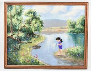 lot 116 image: Landscape Painting on Canvas with Young Girl Signed Simpson