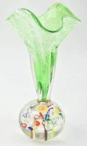 lot 167 image: Murano Style Hand Blown Green Art Glass Vase with Tulip Neck and Paperweight Millefiori Base