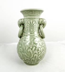 lot 228 image: Green Ceramic Vase with Elephant Handles and Floral Design