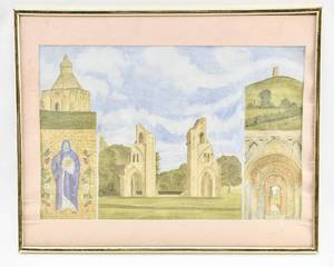 lot 203 image: Glastonbury Watercolor on Paper of Scenes from Glastonbury Abbey and Surroundings, 2000