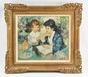 lot 178 image: Pierre Eugene Duteurtre Original Oil Painting on Canvas of Mother Reading to Child