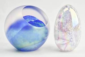 lot 212 image: Glass Eye Studio 97 Celestial Paperweight and Mt. St. Helens Ash 83 Paperweight