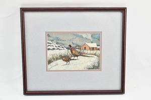 lot 248 image: Framed Painting of 2 Pheasants in Winter