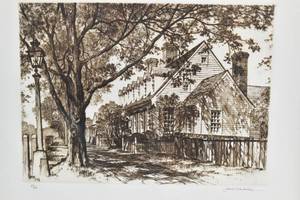 lot 250 image: The Raleigh Tavern Second Edition Drypoint Etching Print Signed Samuel Chamberlain