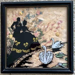 Vintage Hand Painted Fisher Silhouette with Silk Background and Original Frames