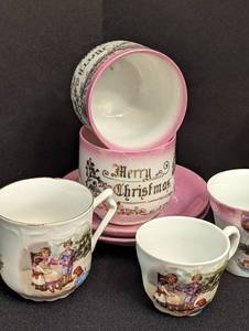 Vintage Christmas Themed Porcelain Cups and Teapot