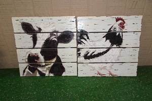 lot 376 image: Cow and Rooster Shiplap Style Wall Art