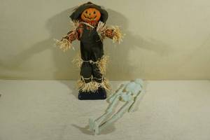 lot 38 image: Halloween Dcor -Vintage Talking Scarecrow, Skeleton