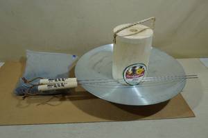 lot 187 image: One Log Table Top Fire Pit Kit -Log, Aluminum Pit, 2 Roasting Sticks and Rocks