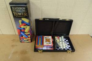 lot 309 image: Travel Game Pack with Jumbling Tower Wooden Game