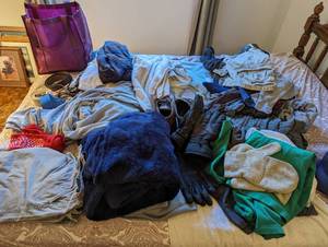 lot 435 image: All Clothing and Shoes on Bed - DOES NOT INCLUDE BED OR BEDDING