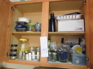 lot 343 image: Cabinet full of canning and kitchen supplies