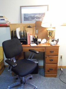 lot 358 image: Wood desk with lamp, shell, office supplies and more, see all pictures
