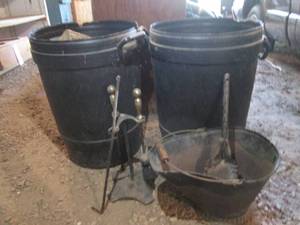 lot 59 image: Pair of 33 gallon garbage cans full of firewood plus heavy duty fireplace tools including a metal bucket with scoop