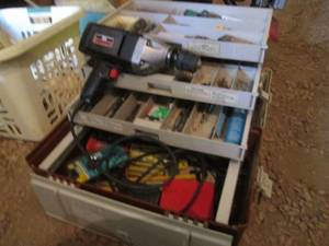 lot 60 image: Large Plano tacklebox with Vintage Craftsman hammer drill a large assortment of bits and other tools and supplies