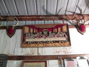 lot 62 image: Framed tapestry of The Last Supper plus 2-pair of mounted antlers