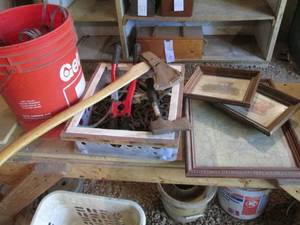 lot 67 image: 5-gallon bucket containing a bolt cutter, ax, hatchet, logging chain and more