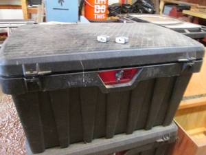 lot 16 image: Heavy duty Pro tuff box plus 1lb propane cylinder and other supplies. Includes a pair of master locks with 1-key