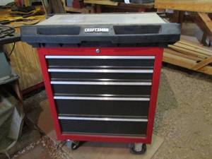 lot 19 image: Craftsman 26 5-drawer rolling tool chest with bonus hidden storage on top plus hand tools and other content