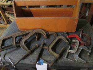 lot 40 image: Hand made wood toolbox with c-clamps in a variety of sizes