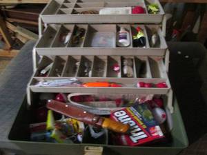 lot 45 image: Green Plano tacklebox full of assorted baits,  lures and other fishing supplies