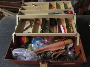 lot 46 image: Two-tone Plano tacklebox full of assorted baits, lures and other fishing supplies