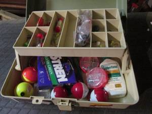 lot 47 image: Tan a d green Plano tacklebox full of assorted fishing supplies