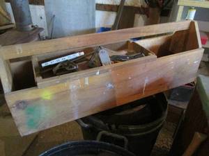 lot 53 image: Handmade wooden tool caddy with a large assortment of flooring tools,