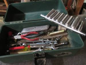 lot 55 image: Vintage Green metal Sears Craftsman toolbox containing a nice assortment of hand tools and supplies