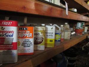 lot 98 image: Collection of paints, chemicals and spray gun
