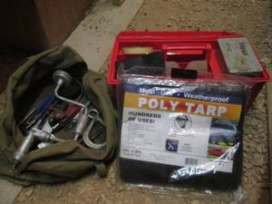 lot 463 image: Red plastic toolbox with 40pc socket set, new tarp and toolbar with assorted hand tools