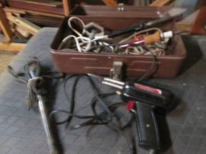lot 464 image: Metal toolbox containing a soldering gun, soldering iron with misc solder and supplies