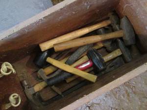lot 465 image: Hand made wood toolbox containing an assortment of supplies including ball peen hammers, mauls, rubber mallet, small sledgehammer, pry bar and more