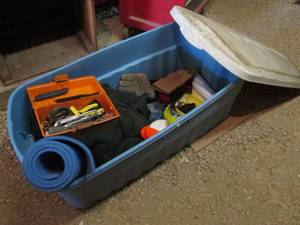 lot 472 image: Large covered tote containing survival supplies and gear