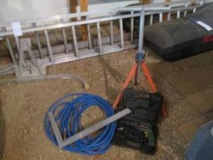 lot 480 image: Airhose, measuring square with Black and Decker quantum pro electric drill with an Adjustable height Roller stand