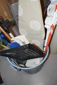 lot 232 image: Trash Bin with Assorted Household Supplies - See Pictures