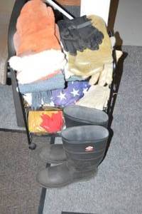 lot 243 image: Size 11 Red Ball Fishing Boots  Rack of GlovesMittens
