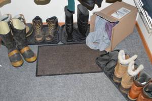 lot 245 image: Assorted Boots, Shoes, Slippers  Box of Random Clothes (many sizes)