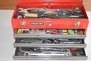 lot 162 image: Stack-on toolbox with tools inside.