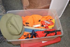 lot 271 image: Tub of Assorted High-Vis Clothing, Fishing Line, Belts, Etc.