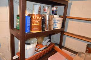 lot 279 image: Assorted Lot - Shelf, Paint, Wood Finish, Etc.