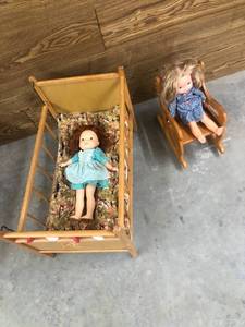 lot 18 image: Set of Two Dolls w  Crib and Rocking Chair
