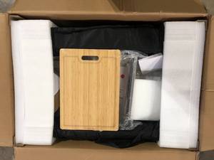 lot 10 image: Glacier Bay AIO Drop-inUndermount 18G Stainless Steel 33 in. Single Bowl Double Ledge Workstation Kitchen Sink, Spring Neck Faucet   Customer Returns See Pictures