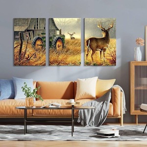 lot 69 image: Canvas Wall Art Print Painting Picture Deer Country Wildlife Hunting Brown Themed Landscape 3 Panels Modern Artwork 16x24inches NEW