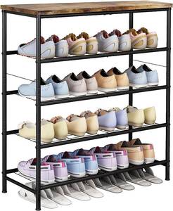 lot 15 image: SUOERNUO Shoe Rack Organizer 5 Tier for Closet Entryway Free Standing Metal Storage Shoe Shelf with MDF Top BoardBlackRustic Brown NEW