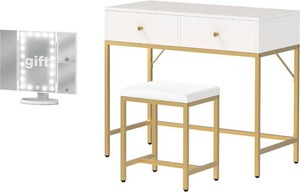 lot 29 image: SUPERJARE Computer Desk with Stool, Makeup Vanity with 2 Large Drawers, White Desk with Tri-fold Lighted Mirror, Home Office Desk, Writing Desk Study Desk- White and Gold