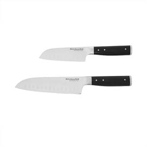 lot 32 image: KitchenAid Gourmet Forged Triple Rivet Santoku Knife Set with Custom-Fit Blade Covers, 7-inch Santoku Knife, 5-inch Santoku Knife, 2-Piece Set, 045908133672 NEW