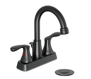 lot 39 image: Deveral 4 in. Centerset 2-Handle High-Arc Bathroom Faucet in Matte Black 4512963O UPC Code # 6974997630141