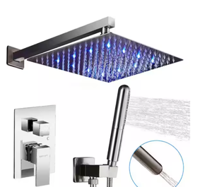 lot 57 image: ELLO&ALLO 2-Handle 2-Spray of Rain LED 10 in. Shower Head System Shower Faucet and Handheld Kit in Brushed Nickel (Valve Included) Model # ES-N-L5150 UPC Code # 850014787479 NEW